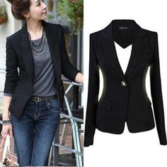 Fashion Long Sleeve Single Button Slim Casual Women Suit Jacket Coat Outwear Black Plus Size Short Coat Outfits For Women, Black Blazer Casual, Coat Outfits For Women, Blazer E Short, Blazer And Jeans, Looks Kate Middleton, Mode Mantel, Short Blazer, Slim Blazer