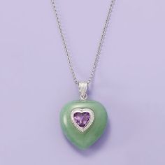 Ross-Simons - Jade, 1.50ct Amethyst Heart Pendant Necklace in Silver. 20". Lovely and bright, this pendant necklace makes a romantic gift for that special someone. It features a 24x24mm heart-shaped jade cabochon that holds a 1.50 carat amethyst heart in polished sterling silver. Suspends from a rolo chain. Springring clasp, amethyst and jade heart pendant necklace. Amethyst birthstones are the perfect gift for February birthdays. Amethyst Birthstone Heart Pendant Jewelry, Anniversary Amethyst Heart Necklace, Amethyst Heart Cut Necklace For Anniversary, Heart Cut Amethyst Necklaces For Anniversary, Heart-shaped Amethyst Necklace For Valentine's Day, Heart Cut Amethyst Necklace For Anniversary, Purple Double Heart Charm Jewelry, Purple Double Heart Jewelry With Heart Charm, Amethyst Heart Pendant Jewelry For Anniversary