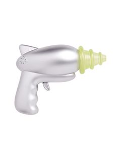 a white and green hair dryer on a white background