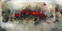 an abstract painting with red flowers on it