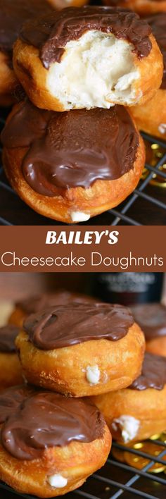 chocolate covered doughnuts are stacked on top of each other with the words bailey's cheesecake doughnuts