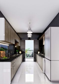 a modern kitchen with white and brown cabinets