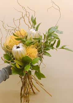 a bouquet of flowers is being held by a person's hand with the stems still attached