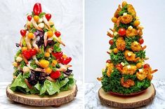 two different types of food are arranged on wooden slices to look like christmas tree decorations