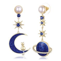 PRICES MAY VARY. 🌙🐈【Unique Design】🪐⭐ EVABELLE moon and star earrings have a special meaning: LOVE YOU TO THE MOON AND TO SATURN. 🌙🐈【Enamel Pearl Earrings】🪐⭐EVABELLE sapphire blue statement moon planet earrings are wonderful jewelry for prom, party, wedding, dating and other occasions. The bling cubic zirconia, colorful enamel pattern and attractive pearl, these gold earrings for women adorn you charmingly and beautifully, stand out in the crowd and give you a better wearing experience. 🌙? Jewelry For Prom, Cat On Moon, Moon And To Saturn, Jewellery Designing, Moon Planet, Planet Earrings, Moon And Star Earrings, Prom Earrings, Gold Earrings For Women