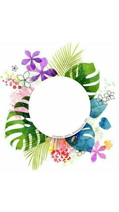 tropical leaves and flowers arranged around a white circle