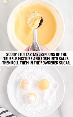 two eggs being whisked into a bowl with flour in it and the words scoop 1 / 2 tablespoos of the