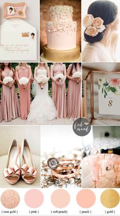 a collage of different wedding colors and bridesmaid's shoes in pink, peach