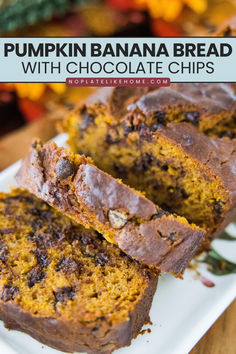 Pumpkin Banana Bread with Chocolate Chips Pumpkin Banana Bread With Chocolate Chips, Pumpkin Chocolate Chip Banana Bread, Pumpkin Banana Chocolate Chip Bread, Pumpkin Choc Chip Bread, Pumpkin Banana Recipes, Banana Pumpkin Bread Recipe, Mashed Banana Recipes, Banana Chocolate Chip Bread Recipe, Pumpkin Bread With Chocolate Chips