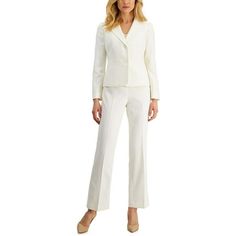 Manufacturer: Le Suit Style Type: Pant Suit Collection: Le Suit Sleeve Length: Long Sleeves Material: Polyester Fabric Type: Polyester Specialty: Herringbone Sku: BH5900656 Size: 10.  Color: Off-White.  Gender: female.  Age Group: adult. Ice Clothes, Dressy Pant Suits, Bell Bottom Trousers, Trousers Women Wide Leg, Suit Collection, Womens Wide Leg Pants, Le Suit, Pant Suits, Loose Trousers