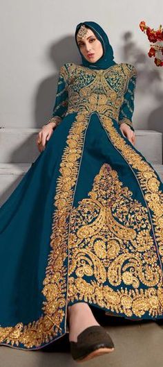 Blue color Salwar Kameez in Georgette fabric with Embroidered, Stone, Thread work Dark Green Anarkali, Green Anarkali Suits, Stitched Kurti, Dori Embroidery, Green Anarkali, Georgette Material, Kurti Style, Georgette Anarkali, Angrakha Style