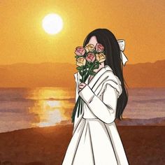 a drawing of a woman holding flowers in front of the ocean with sunset behind her