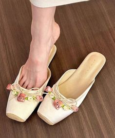 New Apricot Square Head Rose Slide SandalsMade of:-Satin Upper.-Rubber sole- cushioned insole. Square Head, Slide Sandals, Apricot, Rubber Sole, Ballet, Sandals, In This Moment, Square, Free Shipping