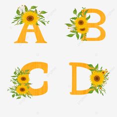 sunflower font and numbers with capital letters, alphabet, flowers png and psd