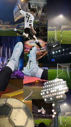 a collage of different sports images including soccer, football goalie and stadium lights