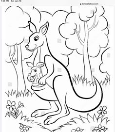 kangaroo and her baby in the forest coloring page for kids, with trees and flowers