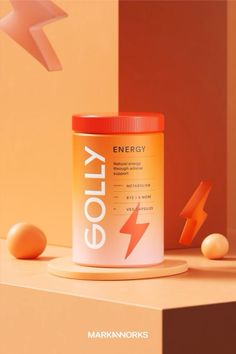 an energy drink is sitting on top of a table with eggs and lightnings in the background