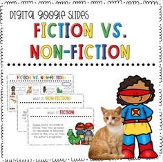 an orange and white cat sitting next to a poster with the words fiction vs non - fiction