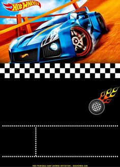 an advertisement for hot wheels featuring a blue race car with flames coming out of it