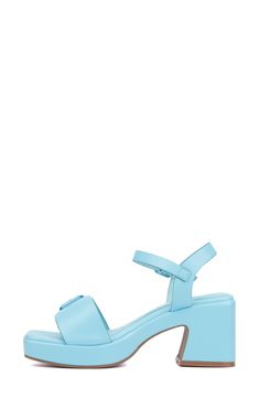 A squared-open toe and a block heel make this sandal a perfectly poised option for any occasion. 3" heel Adjustable ankle strap with buckle closure Textile upper and lining/synthetic sole Imported Spring Block Heels With Stacked Heel And Rectangular Buckle, Blue Sandals With Buckle Closure, Blue Open Heel Heels With Buckle Closure, Blue Open Heel Shoes With Buckle Closure, Spring Sandals With Padded Heel And Rectangular Buckle, Blue Sandals With Sculpted Heel And Square Toe, Blue Ankle Strap Heels With Buckle Closure, Summer Block Heels With Rectangular Buckle And Padded Heel, Spring Blue Heels With Buckle Closure