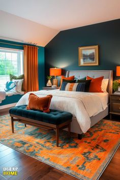 a bedroom with blue walls and orange accents