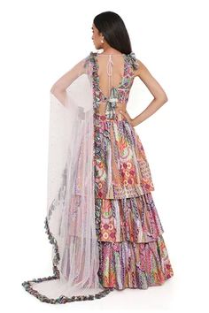 Shop for Payal Singhal Pink African Print Layered Ruffle Lehenga Set for Women Online at Aza Fashions Fitted Organza Sets With Ruffles, Fitted Organza Set With Ruffles, Fitted Silk Sets With Ruffles, Multicolor Ruffled Sets For Wedding, Multicolor Ruffled Wedding Sets, Wedding Multicolor Ruffled Sets, Summer Wedding Lehenga With Ruffles, Layered Lehenga, Ruffle Lehenga