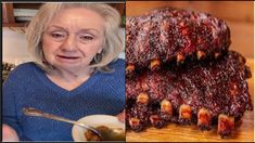 an older woman is looking at the camera next to a plate of food with jelly on it