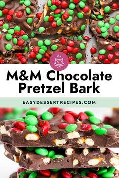 m & m chocolate pretzel bark is stacked on top of each other