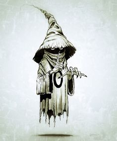 a drawing of a wizard holding a letter c in one hand and a broom in the other