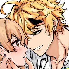 two anime characters one is kissing the other has blonde hair and green eyes, while the other