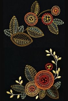 two different types of embroidery on black fabric