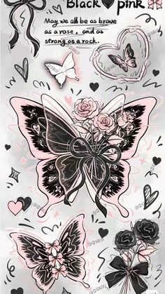 some black and pink tattoos with hearts, roses and butterflies on it's back