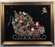 Vintage and costume jewelry on black velvet. 15.5" x 12.5" in a gold frame. Visit our Etsy Shop, Davis Acres Home, link in bio. #jewelrylover #jewelryaddict #christmasdecorating #christmasart Santa In Sleigh, Framed Flower Art