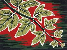 a painting of leaves on a red and green background