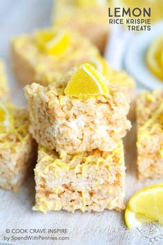 lemon rice krispy treats stacked on top of each other