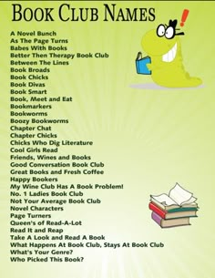 the book club names list for children's books, with an image of a monster reading