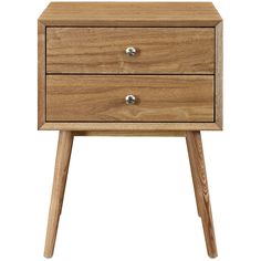 a wooden nightstand with two drawers on one side and three legs on the other end