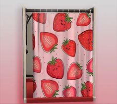 a shower curtain with strawberries on it in front of a pink wall and window