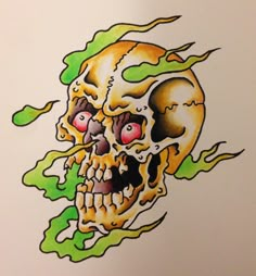 a drawing of a skull with flames coming out of it