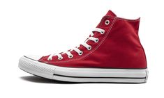 The Converse Chuck Taylor All-Star is one of the most iconic sneakers of all time. This Chuck has a high-top canvas upper draped in red and all the signature features of the coveted classic. Silver eye stays and white laces round out the design up top and the white midsole, black foxing tape, and dark brown outsole give any sneaker fan the familiar feel of a sneaker legend. | Chuck Taylor All Star Hi Dark Red Quince, Red And White Shoes, Iconic Sneakers, Chuck Taylor Shoes, Black Chucks, Red High Tops, Red Converse, Preppy Shoes, Silver Eye