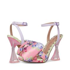 Blue by Betsey Johnson Pollie Spring Party Heels With Cushioned Footbed, Spring Evening Heels With Floral Print, Spring Evening Floral Print Heels, Feminine Synthetic Sandals With Removable Insole, Chic Sandals With Floral Print And Open Heel, Chic Floral Print Sandals With Open Heel, Spring Party Sandals With Cushioned Footbed, Spring Heels With Floral Print And Ankle Strap, Open Toe Sandals With Floral Print For Evening