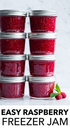 raspberry freezer jam in mason jars with text overlay