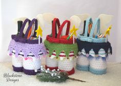 four crocheted items are lined up together