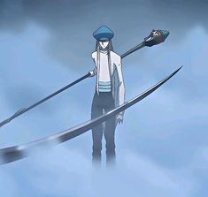 a person holding two large swords in their hands and wearing a hat on top of them