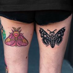 two tattoos on the legs of people with moths