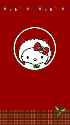 a hello kitty christmas card with holly and bows on the bottom, in front of a red background