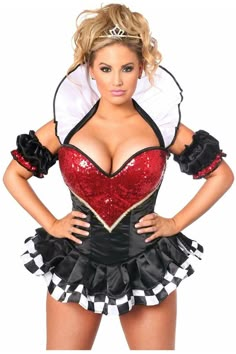 a woman wearing a costume with red and black sequins