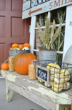 pumpkins and gourds are sitting on a bench in front of a store