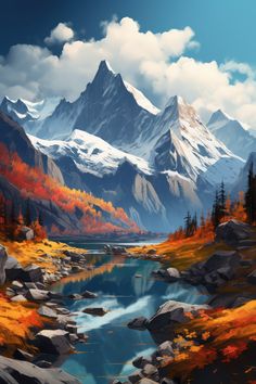 a painting of mountains with trees and water