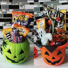 two halloween baskets with candy and candies in them, one is decorated like a jack - o'- lantern